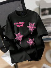 Pink Star Pattern Loose Round Neck Short Sleeve T-Shirt